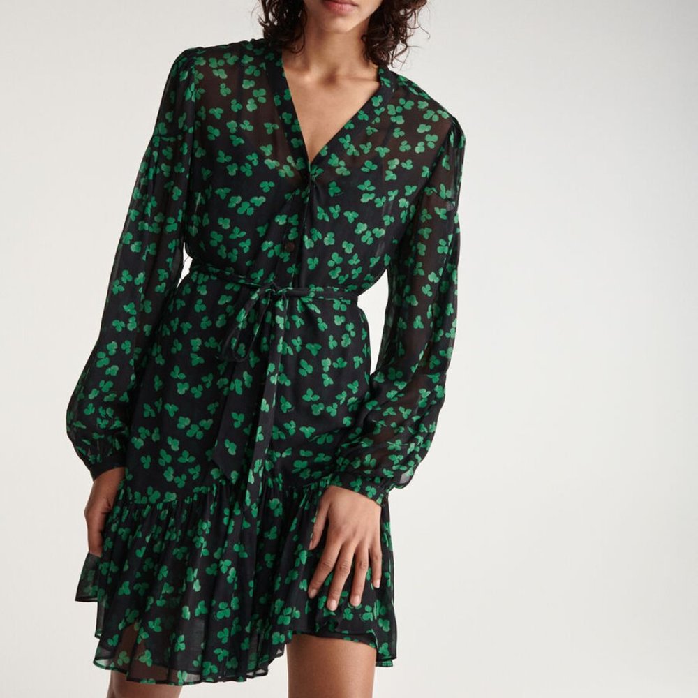 The kooples SHORT BLACK DRESS WITH GREEN PATTERN AND BELT